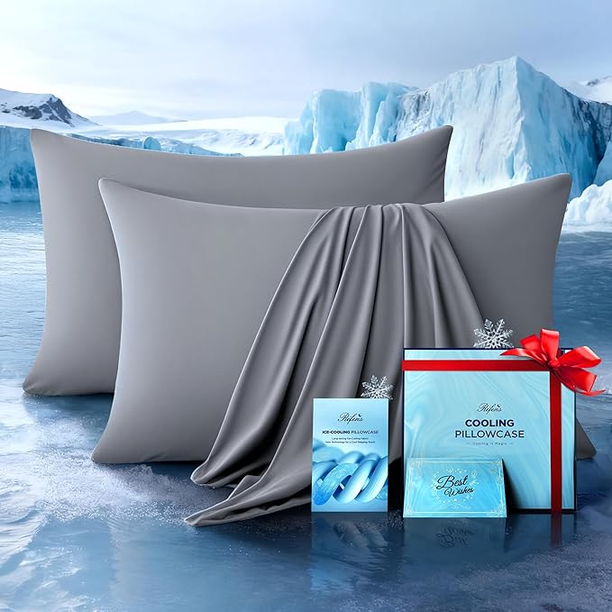 Ultra-Chill Cooling Pillowcase Set of 2 for Hot Sleepers, Softer Than Silk Pillow Cases for Protecting Hair & Skin, Breathable Bed Pillow Covers w/ Zipper, Gifts for Women & Men (Light Gray, Standard)