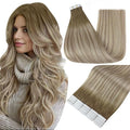 Full Shine Tape Ins Human Hair Extensions 20 Inch Color 8 Ash Brown Fading to 60 and 18 Ash Blonde Seamless Skin Weft Tape in Hair Extensions 20Pcs 50G Double Sided Tape Extensions for Women Real Hair