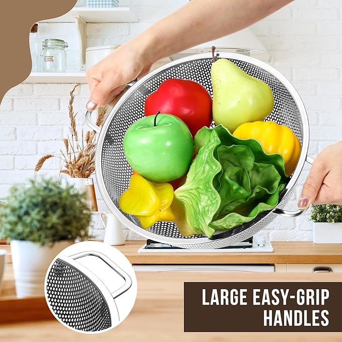 Norme 4 Quart Stainless Steel Silver Colander and 3 Pcs Silver Fine Mesh Strainer, Stainless Steel Pasta Rice Food Metal Strainer with Handles, Easy Clean and Dishwasher Safe