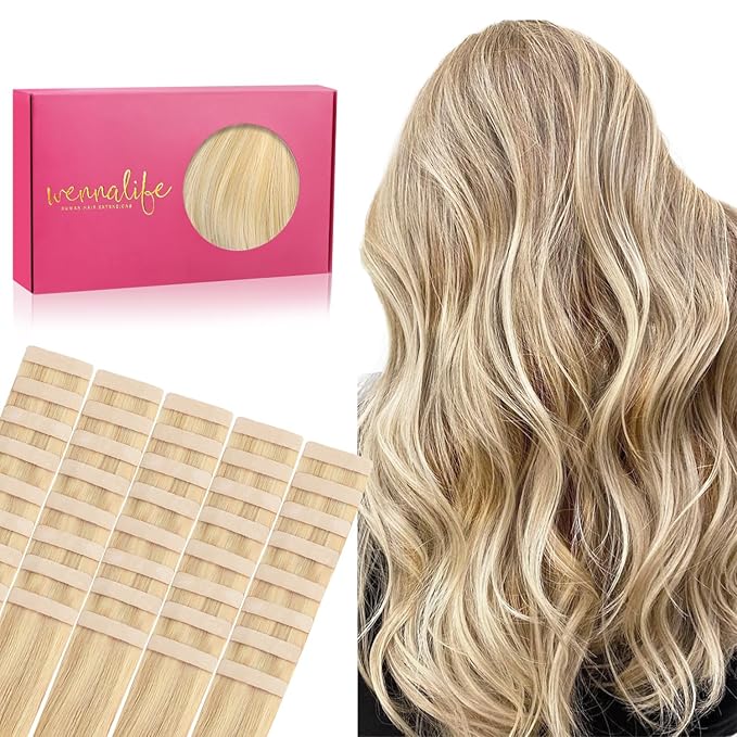 WENNALIFE Tape in Hair Extensions Human Hair, 40pcs 100g 16 inch Light Blonde Highlighted Golden Blonde Hair Extensions Real Human Hair Straight Tape in Extensions Invisible Human Hair Extensions