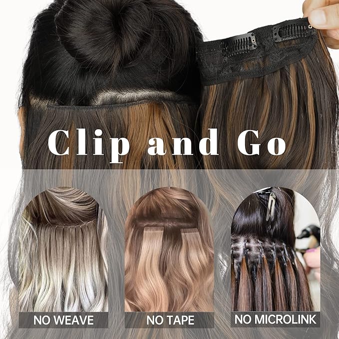 KooKaStyle Clip in Long Wavy Synthetic Hair Extension 20 Inch 4PCS Ombre Brown to Ash Blonde Hairpieces Fiber Thick Double Weft Hair Extension for Women