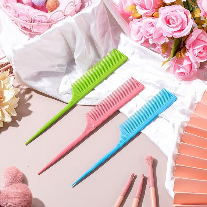 Leinuosen 3 Pack Rat Tail Combs Fine Tooth Parting Tip for Women Carbon Fiber Heat Resistant Anti Static Teasing for Back Combing Root Teasing Adding Volume Evening Styling(Green, Pink, Blue)