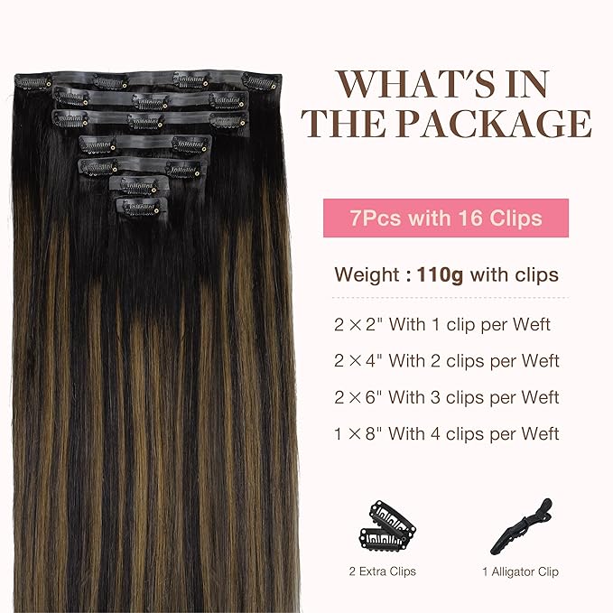 GOO GOO Clip in Hair Extensions Real Human Hair, Remy Human Hair Extensions Clip ins for Women, Natural Human Hair, 20inch 130g 7Pcs, #1B/6/1B Balayage Natural Black to Chestnut Brown