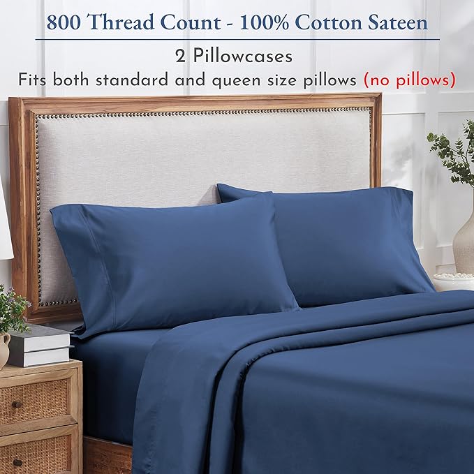 California Design Den Natural 100% Cotton Pillow Cases Queen Size Set of 2 - Luxuriously Soft and Thick 800 Thread Count, Smooth Sateen Pillow Covers Queen Size/Standard Size - Navy Blue