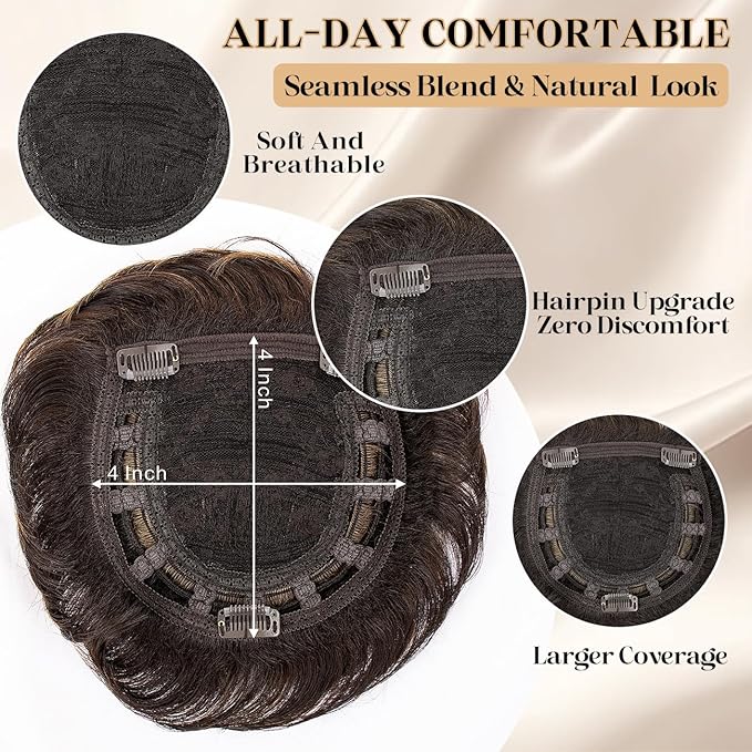 Short Hair Topper for Thinning Hair 4 Inch Short Pixie Cut Toppers Pieces Natural Curly Synthetic Black Wiglets Hairpieces (Rich Chestnut Brown with Highlight, 4 inch)