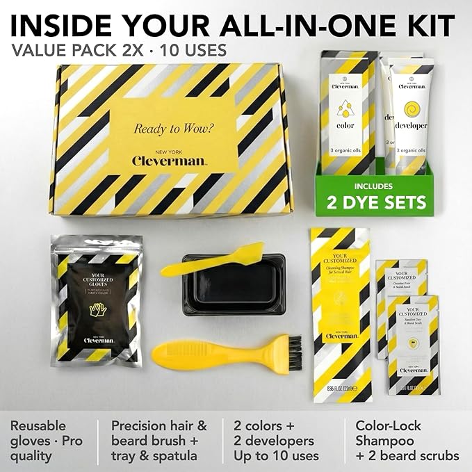 2X Pack Cleverman Hair & Beard Dye Kit for Men, All-in-One Reusable Mens Hair Color, Natural Gray Coverage, Ammonia-Free Beard Mustache Dye for Men (Jet Black)