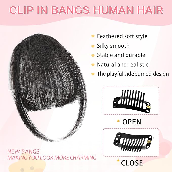 Clip in Bangs 100% Real Human Hair, Wispy Bangs Hair Clip, Fake Bang Fringe with Temples Hairpieces for Women Daily Wear (Natural Black, Wispy Bangs)