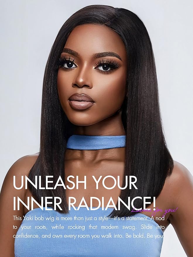 LUVME HAIR 14 Inch Light Yaki Straight Bob Wig Human Hair, Undetectable HD Lace Glueless Bob Wigs Human Hair Pre Plucked, Pre Cut Lace Wig Short Black Blunt Cut Bob Wigs 180 Density