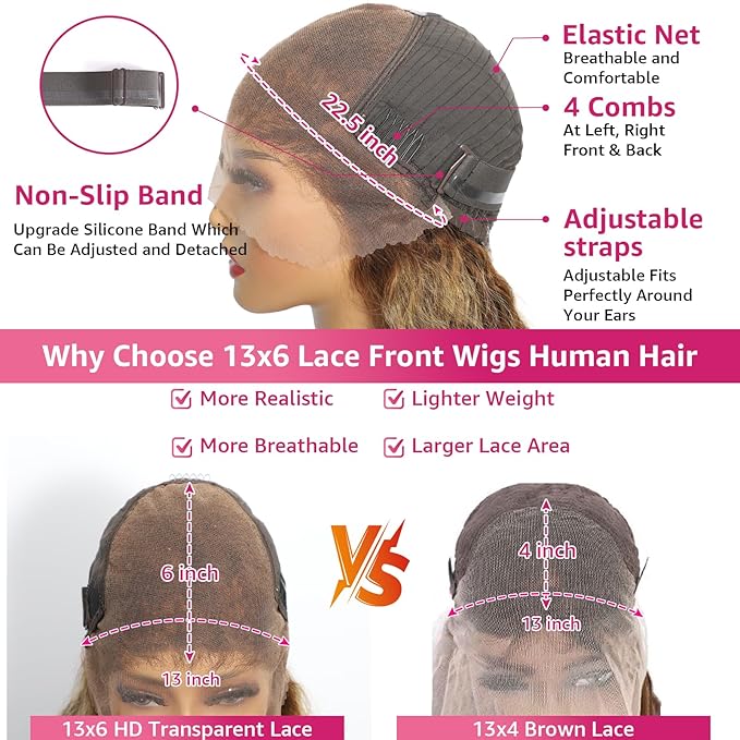 Ombre Honey Blonde Lace Front Wig Human Hair 200 Density Deep Wave 13x6 HD Lace Front Wigs Human Hair Wig Glueless P4/27 Highlight Wig for Women Pre Plucked with Natural Hairline (34 Inch)