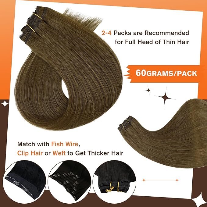 Full Shine Human Hair Clip in Extensions Brown Clip in Hair Extensions Medium Brown for Short Invisible Human Hair for Women Softness 10 Inch 60 G 3 PCS