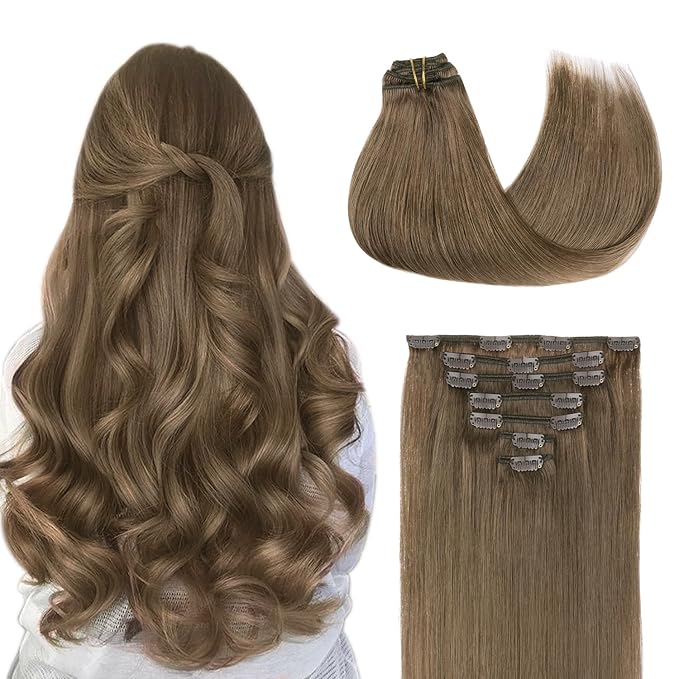 GOO GOO Clip in Hair Extensions Real Human Hair, Remy Human Hair Extensions Clip ins for Women, Natural Human Hair, 22inch 120g 7Pcs, 5 Light Ash Brown