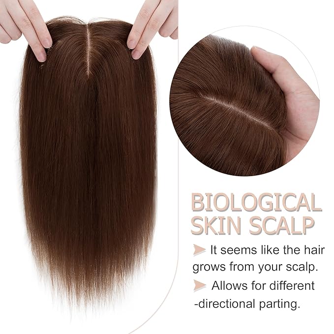 Hair Toppers for Women Real Human Hair No Bangs, 13 * 15 cm Larger Silk Base 150% Density Clip In Topper Hairpieces, Wiglet Top Pieces Add Volume -10 Inch 04 Medium Brown