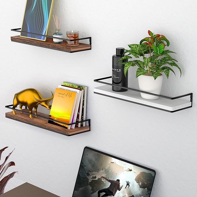Meangood Floating Shelves Wall Mounted Set of 2, Rustic Wood Wall Storage Shelves for Bedroom,Living Room,Bathroom, Kitchen Rustic Brown