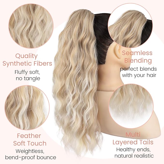 Claw Wavy Ponytail Extension 18" for Women Curly Pony Tail Clip in Hair Extensions Shoulder Length Fluffy Natural Looking Synthetic Hairpiece for Daily Use (Blonde to Light Blonde)