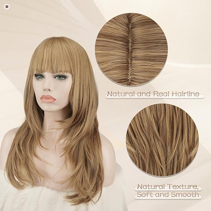 SOFEIYAN Long Straight Layered Wig with Bangs 24 Inch Synthetic Natural Hair Wig Soft Heat Resistant Long Wigs for Women Daily Party Use