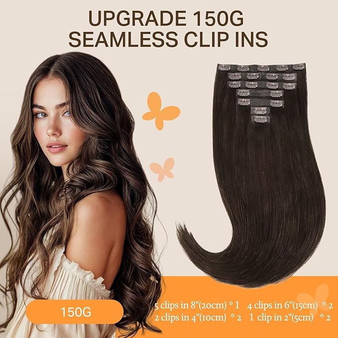 DOORES Clip in Hair Extensions, Light Dark Brown 130g 7pcs 18 Inch, Seamless Weft Invisible Edge Clip in Hair Extensions Long Straight Weft