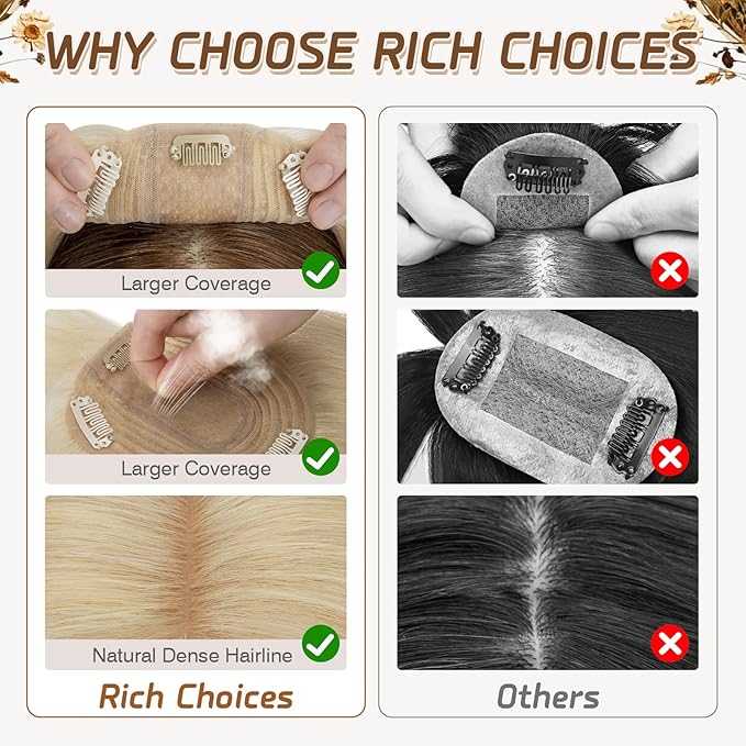 Rich Choices Real Human Hair Topper With Bang for Women - 100% Remy Hair for Thinning Hair, Clip in Silk Base, 12 Inch #613 Bleach Blonde