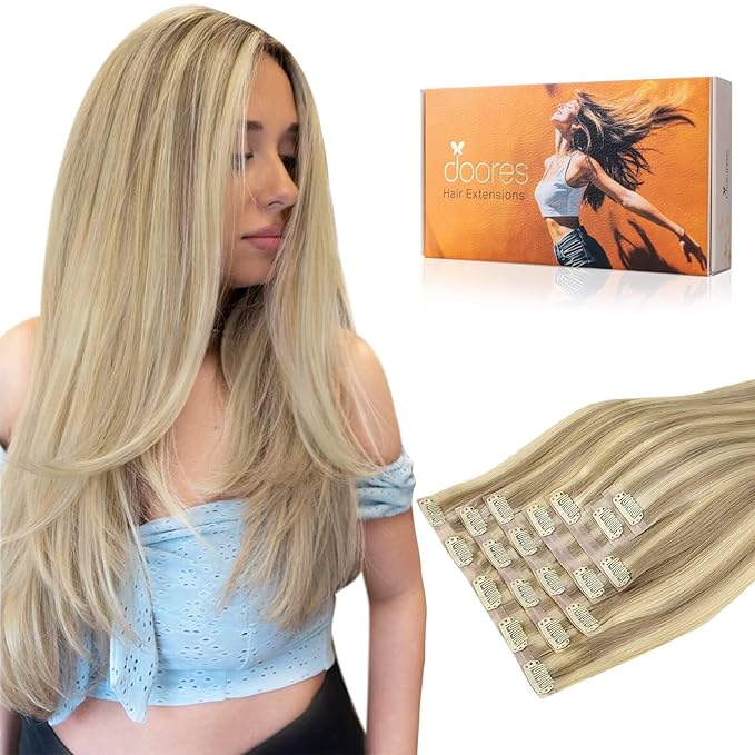 DOORES Seamless Clip in Hair Extensions, Light Blonde Highlighted Golden Blonde 150g 7pcs 22 Inch, Virgin Invisible Edge Human Hair Clip in Extensions