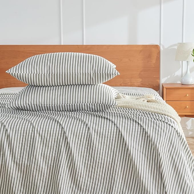 JELLYMONI 100% Natural Cotton Striped Pillowcases Set, 2 Pack White and Grey Vertical Stripes Pattern Printed Pillow Covers with Envelope Closure(Pillows are not Included)-King(20"×36")