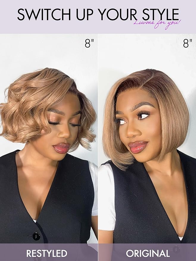 LUVME HAIR 12 Inch Ash Blonde Blunt Cut Bob Wig Human Hair Pre Cut Glueless HD Lace Closure Wig Mature Boss Side Parted Ombre Straight Short Wig