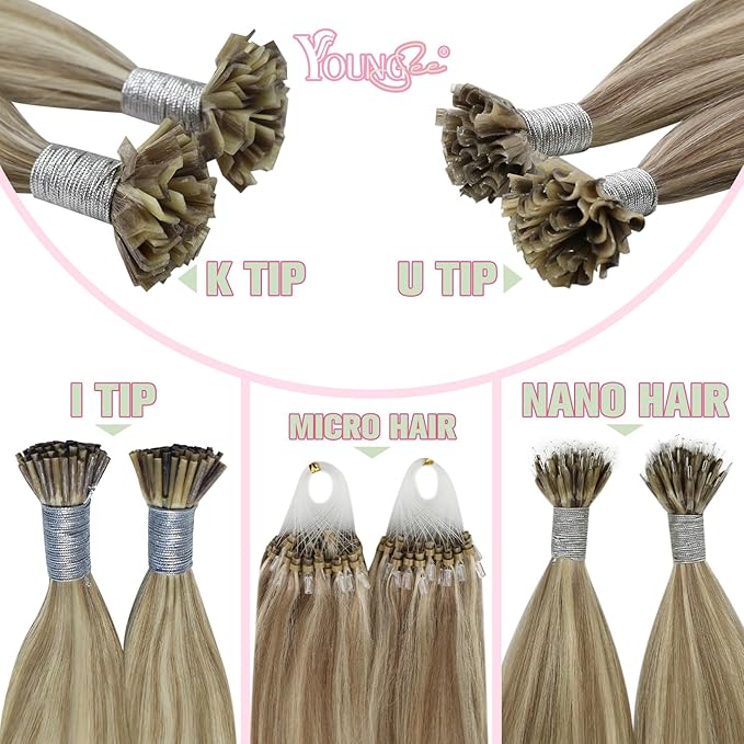 YoungSee U Tip Hair Extensions Real Human Hair Brown K Tip Hair Extensions Light Brown Highlight Blonde Hair Extensions K Tip 24in Ktip Hair Extensions Remy Human Hair for Wedding Hot Fusion 50s/50g