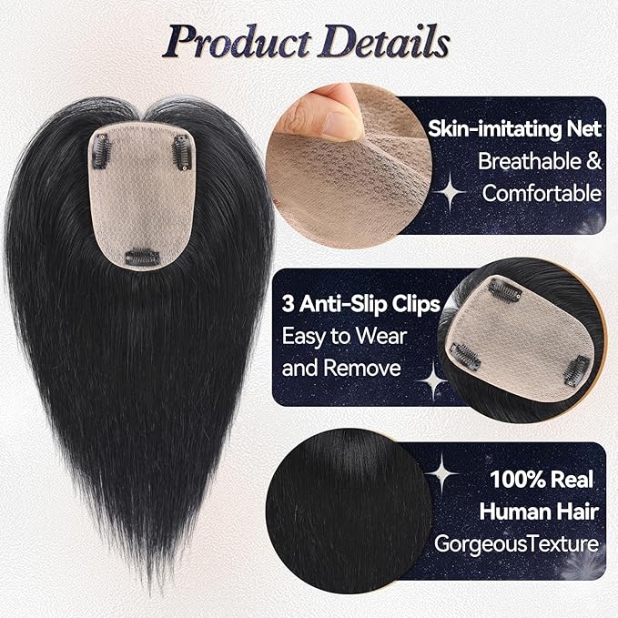 starluck Human Hair Toppers for Women Real Human Hair No Bangs 4 * 5.5 inch Base 12 inch SilkHug Topper for Women with Thinning Hair Cover Grey Roots(Natural Black)