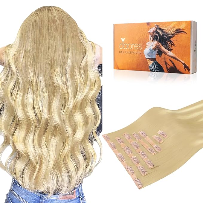 DOORES Seamless Clip in Hair Extensions Real Human Hair, DirtyBlonde Mixed Platinum Blonde 120g 7pcs 24 Inch, Invisible Edge Hair Extensions Real Human Hair Clip in Remy Straight Hair