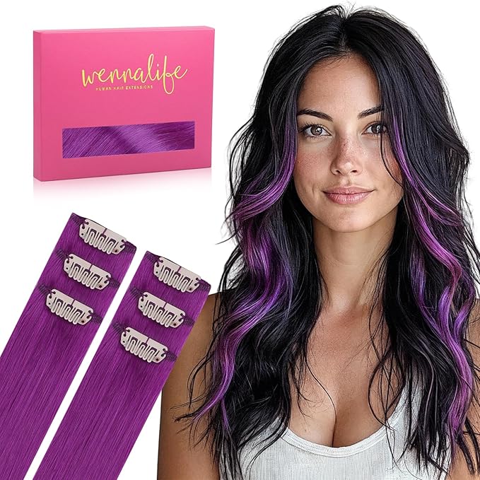 WENNALIFE Purple Clip in Hair Extensions Real Human Hair 35g 6pcs 20 Inch Colored Hair Extensions for Kids Women Colorful Hair Pieces Pop-up Style Straight Extensiones De Cabello Humano Con Clip
