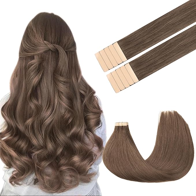 GOO GOO Tape in Hair Extensions Human Hair, 5 Light Ash Brown, 20inch 30g 10pcs, Skin Weft Seamless Invisible, Silky Straight with Thick Ends, Remy Human Hair