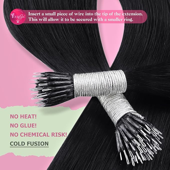 YoungSee Nano Beads Hair Extensions Black Nano Ring Hair Extensions Human Hair Jet Black Nano-Tip Hair Extension 16 Inch Nano-link Extension Natural Looking for Black Women 50s 50g