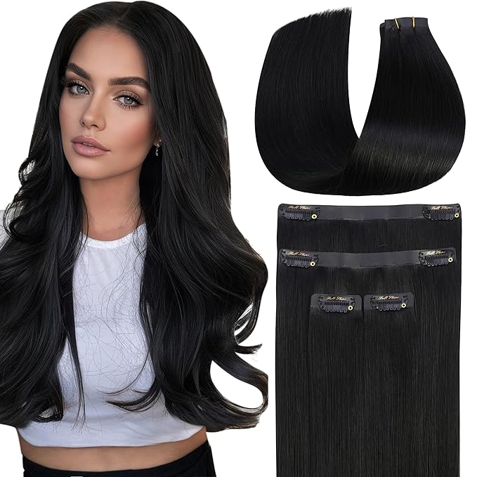 Full Shine Seamless Clip in Hair Extensions Real Human Hair, 20Inch Black Hair Extensions for Thin Hair Fill Ins Remy Human Hair for Women, Add Thickness & Length Color1 4Pcs 95g
