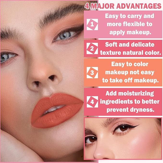 Cream Blush Stick with Brush,Waterproof Blush Makeup,Long Lasting 3 In 1 Cheek Blush & Lip Tint & Eye Shadow Makeup Stick,Easy To Use Blends Effortlessly,Cream Blush Makeup for All Skin Tones - Coral Orange