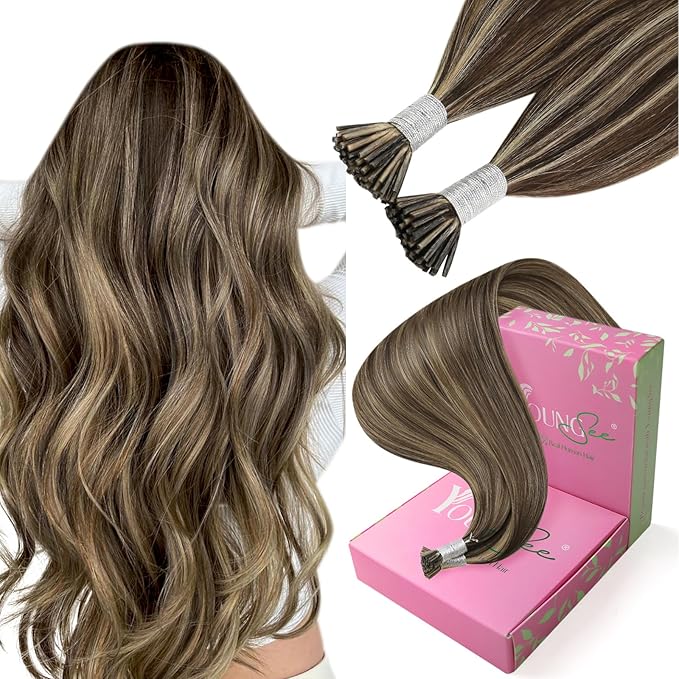 YoungSee Itip Human Hair Extensions Brown I Tip Hair Extensions Human Hair Highlight Dark Brown with Caramel Blonde Tip Hair Extension Human Hair Short 14In 80s 50g