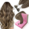 YoungSee Itip Human Hair Extensions Brown I Tip Hair Extensions Human Hair Highlight Dark Brown with Caramel Blonde Tip Hair Extension Human Hair Short 14In 80s 50g