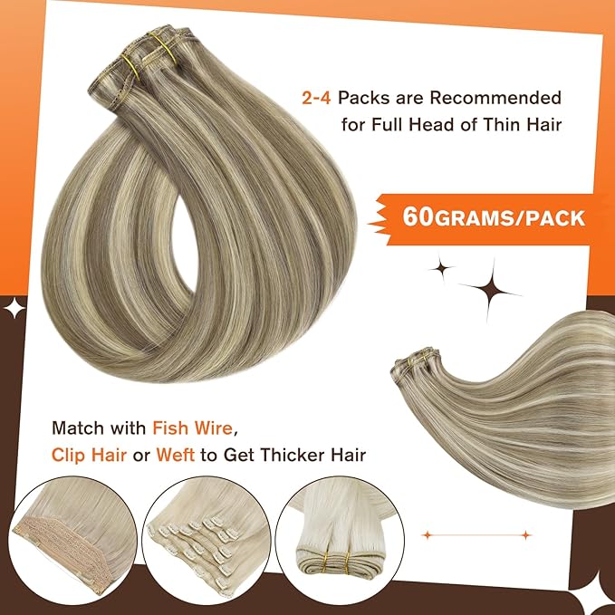 Full Shine Invisible Clip in Hair Extensions Human Hair 18 Inch Brown Highlight Blonde Clip in Extensions for Women Straight Remy Hair Extension 3 PCS 60 G