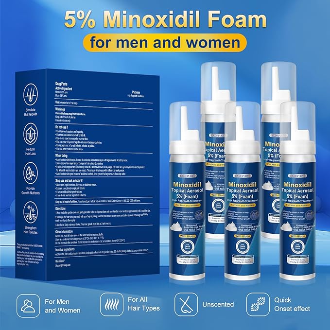 5% minoxidil foam for men-5pack， Infused with Biotin, Hair Growth Treatment, Supports Thicker and Fuller Hair & Beard (10.5oz, 5 Month Supply)