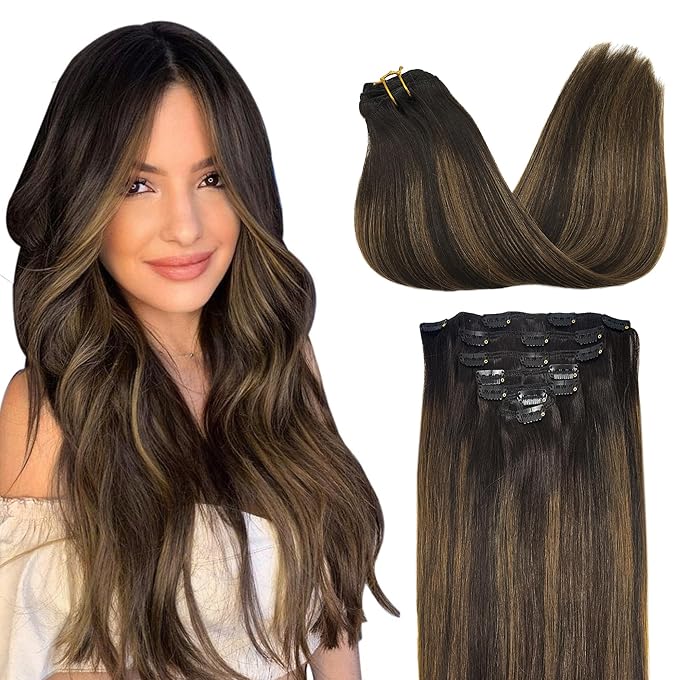 GOO GOO Clip in Hair Extensions Real Human Hair, Remy Human Hair Extensions Clip ins for Women, Natural Human Hair, 20inch 120g 7Pcs, 2/6/2 Balayage Dark Brown to Chestnut Brown