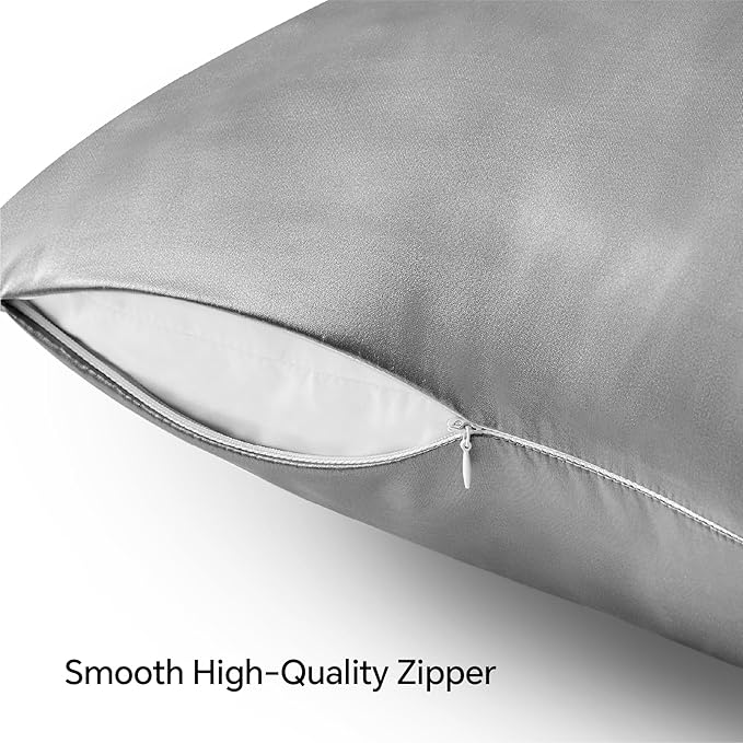 BEDELITE Satin Pillowcase with Zipper, Grey King Size Pillow Cases Set of 2, Super Soft and Cooling Similar to Silk Pillow Cases, Gift for Women Men(20x40 Inches)