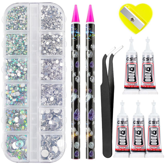 Canvalite Rhinestones 2784PCS in 6 Sizes Flat Back Gems, Crystal AB Art Gems with 5Pcs B7000 Glue, Pick Up Tweezers and Picker Dotting Pen for Nails, Makeup, Stocking Stuffers Gifts for Women