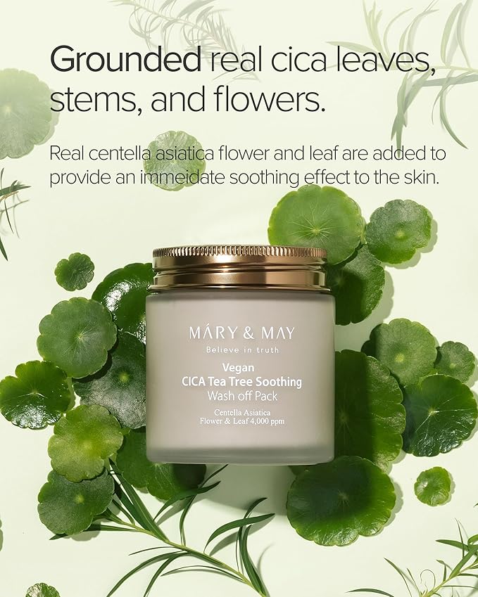 Mary&May Vegan Cica Tea Tree Soothing Wash Off Pack - Natural Centella Clay Mask for Sensitive Skin, Relieves Irritation, Cleanses Pores, and Hydrates, 4.23oz.