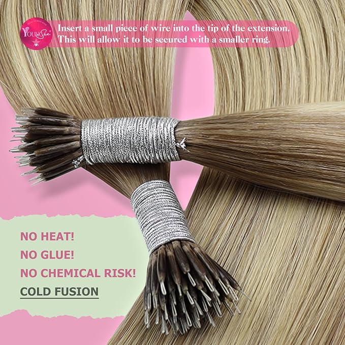 YoungSee Nano Beads Hair Extensions Balayage Nano Ring Hair Extensions Human Hair Light Brown Ombre Platinum Blonde Nano Extension Human Hair 20 Inch 50g 50s for School