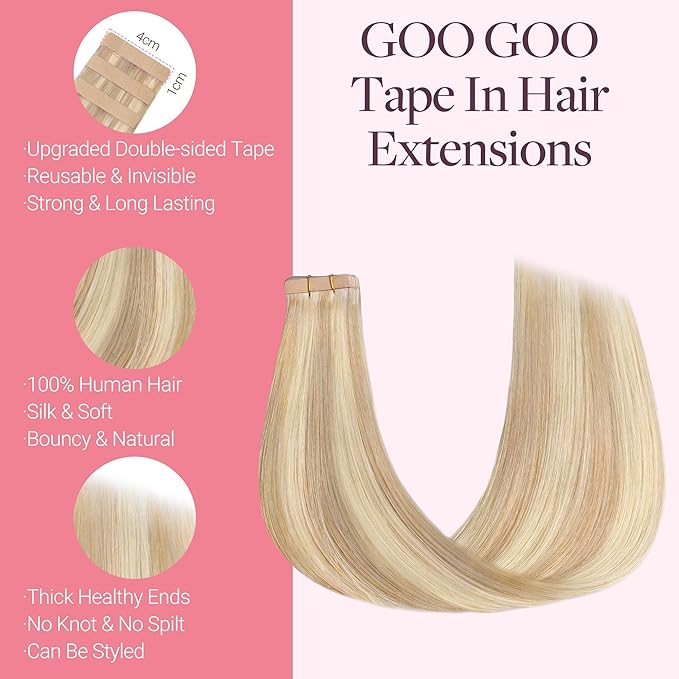 GOO GOO Tape in Hair Extensions Human Hair, 18F/60A Balayage Light Wheat Platinum Blonde, 18inch 50g 20pcs, Skin Weft Seamless Invisible, Silky Straight with Thick Ends, Remy Human Hair