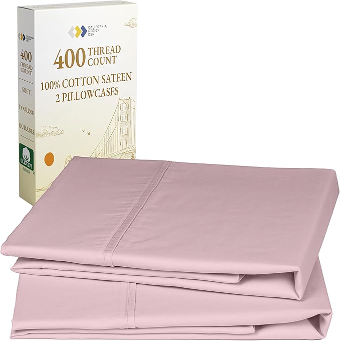 California Design Den King Size Pillowcase Set - 400 Thread Count, 100% Cotton Sateen, Set of 2 Pillow Covers, Soft and Breathable - Pink