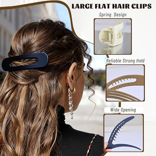 4 Pcs Flat Hair Clips for Women - Large Matte Flat Claw Clips for Thin Hair, Stylish Hair Accessories for Daily Styling, Matte Series (Navy Blue, Coffee, Gray Blue, Beige)