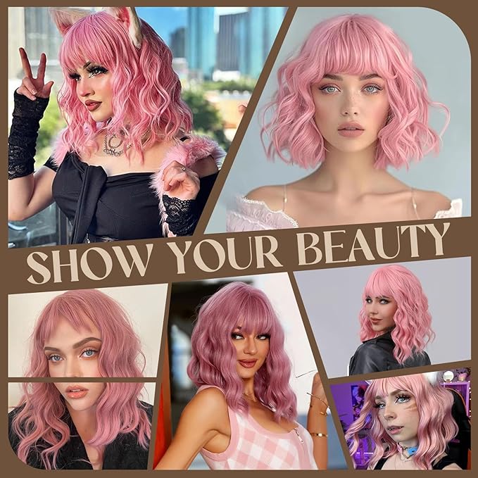 MISSQUEEN Pink Wig with Bangs Short Pink Wavy Wigs for Women 12in Natural Heat Resistant Fiber Synthetic Curly Light Pink Bob Wigs for Women Girls Daily Party Holiday Festival Chrismas Used
