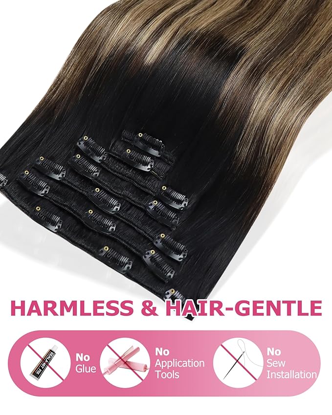 YoungSee 150G Balayage Clip in Hair Extensions Black Ombre Human Hair Clip in Extensions Natural Black Roots to Brown with Caramel Blonde Clip ins Extensions Real Human Hair 7Pcs 20Inch
