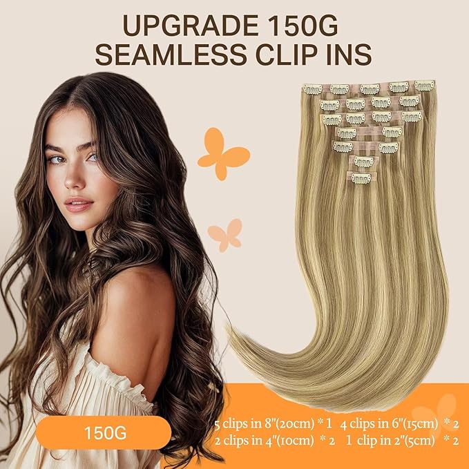 DOORES Seamless Clip-in Hair Extensions, Light Blonde Highlighted Golden Blonde, 24 Inch 160g 7pcs, Real Human Hair Straight Remy Thick Invisi Edge Weft