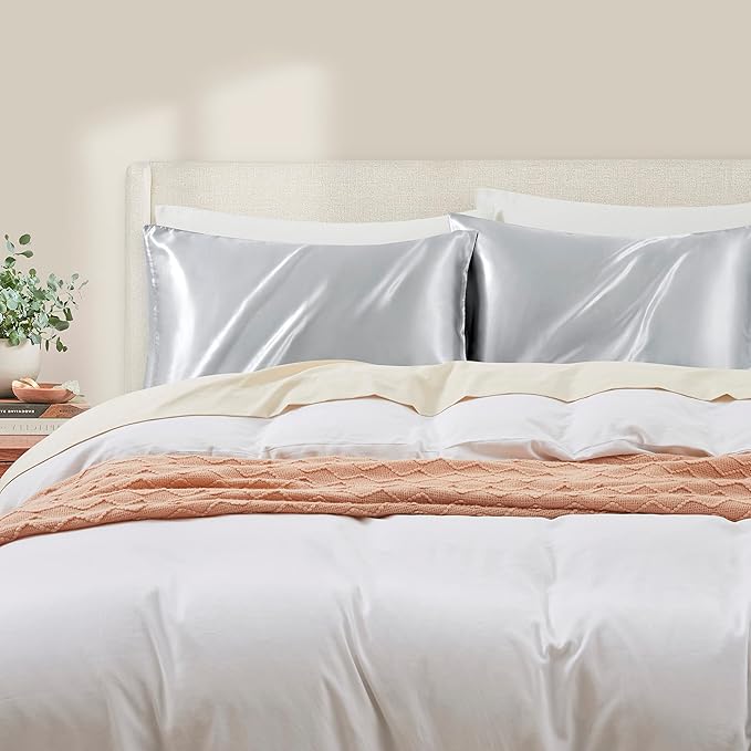 Light Grey King Size Satin Pillowcases Set of 2 for Hair and Skin,Light Grey Silk Pillowcase Breathable Pillowcase with Envelope Closure
