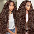13x6 Lace Front Wigs Human Hair 200 Density Chocolate Brown Deep Wave HD Lace Front Wigs Human Hair Pre Plucked Brown Curly Wig Human Glueless Wigs for Women (24 Inch)