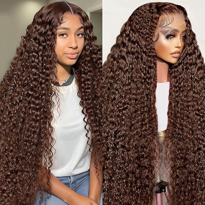 Chocolate Brown Deep Wave 13x6 HD Lace Front Wigs Human Hair 200 Density Curly Wig Wet and Wavy Lace Front Wigs for Women Human Hair Wig Pre Plucked with Baby Hair (22 Inch)
